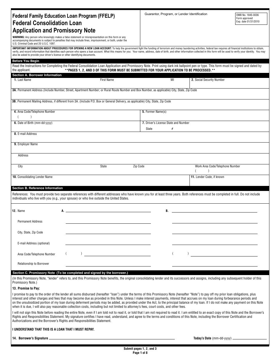 Federal Consolidation Loan Application and Promissory Note Federal