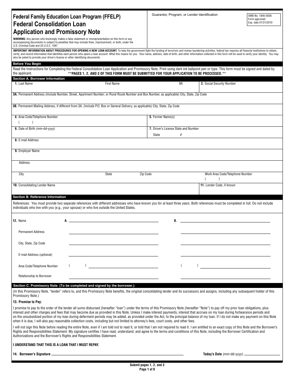 Federal Consolidation Loan Application and Promissory Note - Federal Family Education Loan Program, Page 1