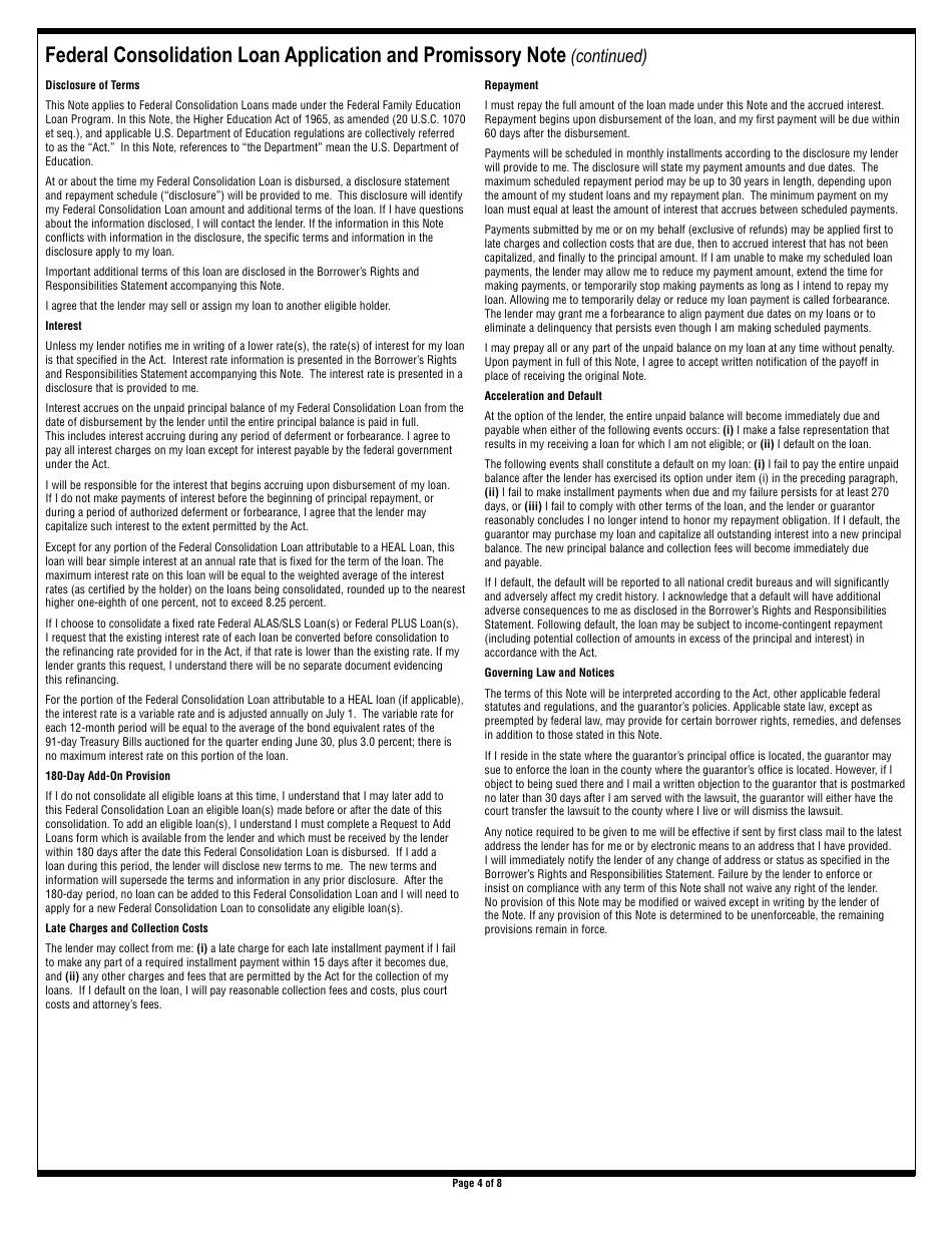 Federal Consolidation Loan Application and Promissory Note - Federal Family Education Loan Program, Page 4