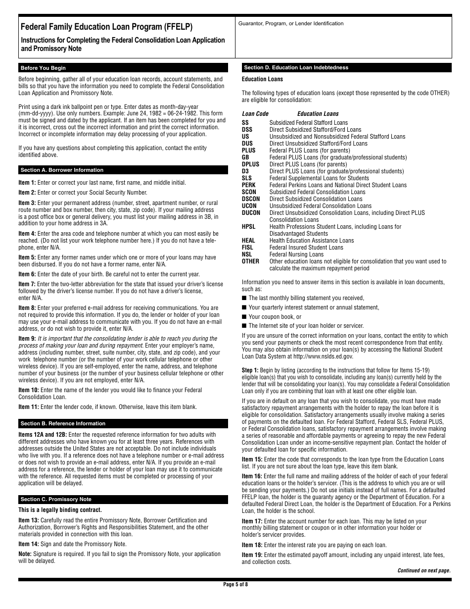 Federal Consolidation Loan Application and Promissory Note - Federal Family Education Loan Program, Page 5