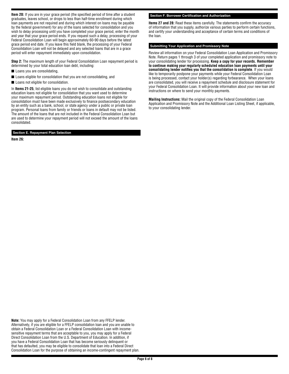 Federal Consolidation Loan Application and Promissory Note - Federal Family Education Loan Program, Page 6