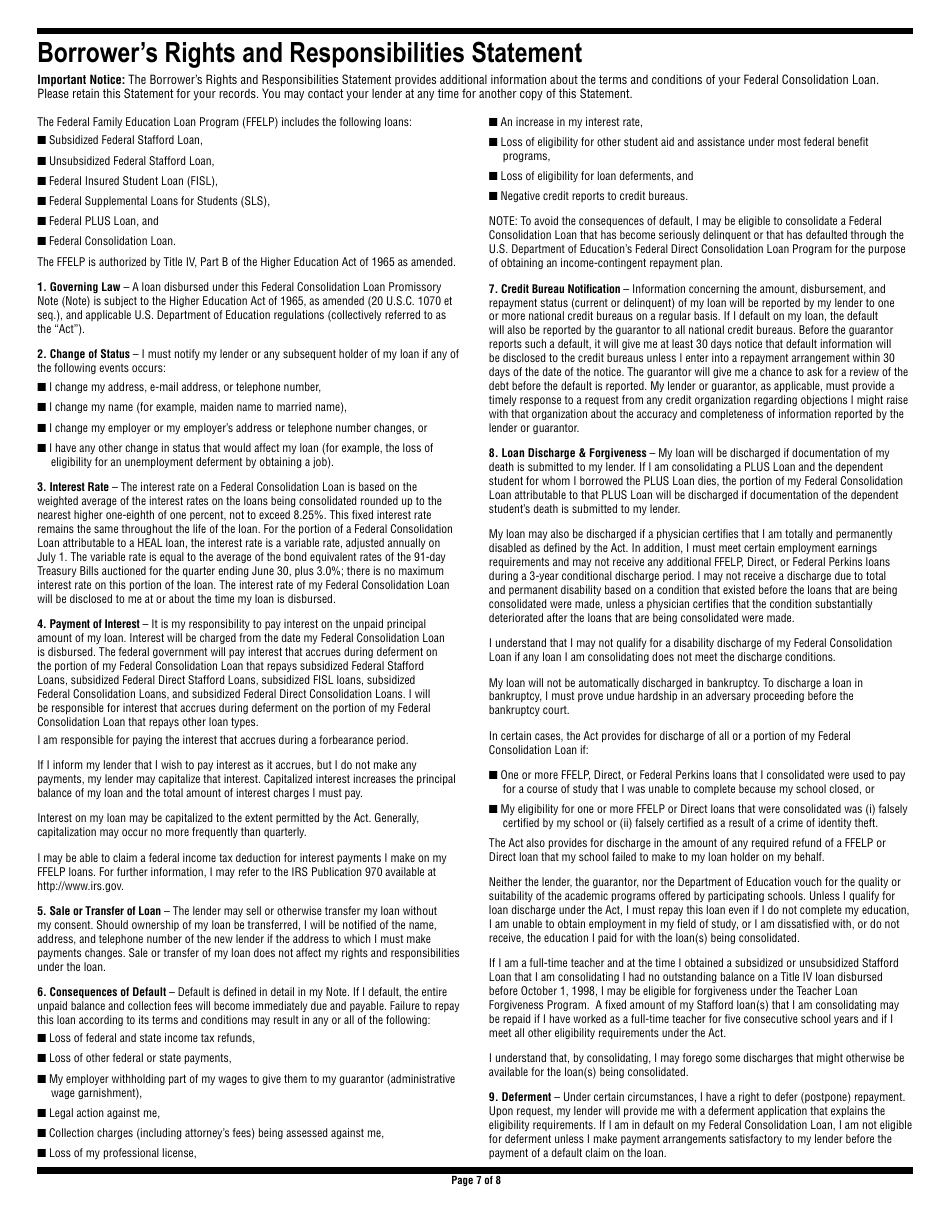 Federal Consolidation Loan Application and Promissory Note - Federal Family Education Loan Program, Page 7