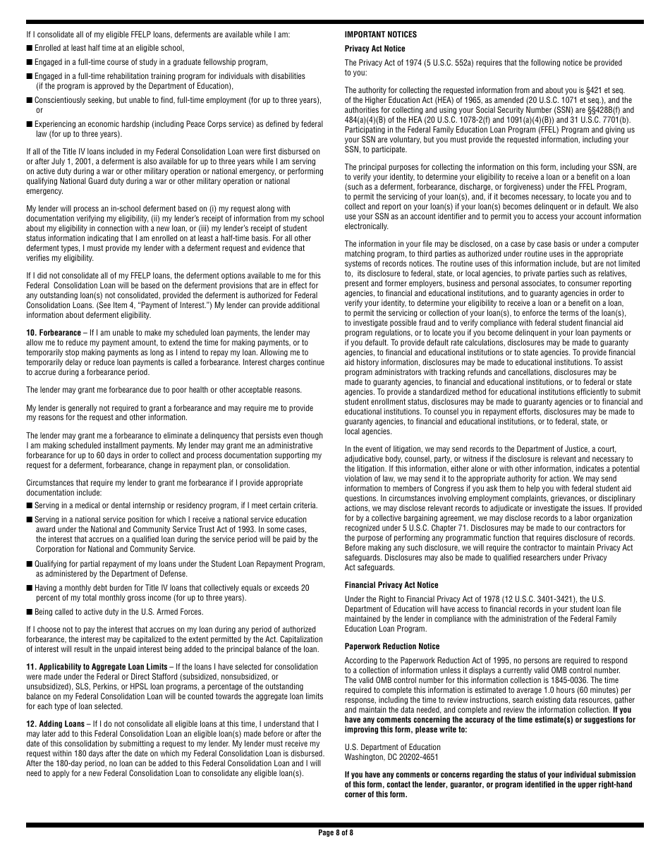 Federal Consolidation Loan Application and Promissory Note - Federal Family Education Loan Program, Page 8