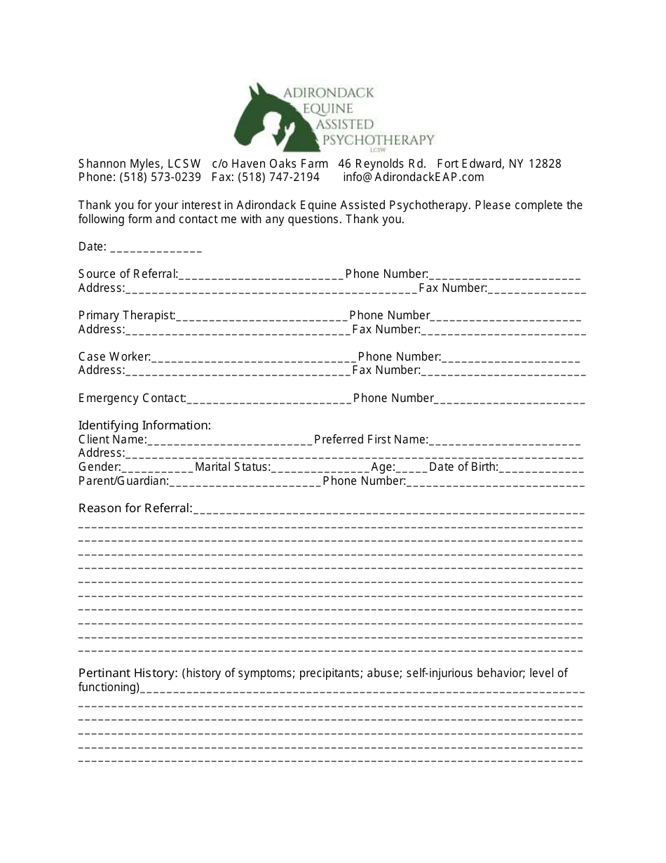 Intake Form - Adirondack Equine Assisted Psychotherapy - New York, Page 1