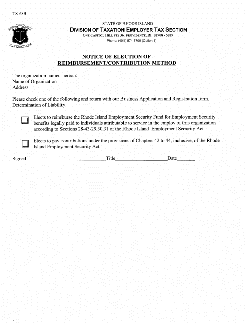 Form TX-68B Notice of Election of Reimbursement/Contribution Method - Rhode Island