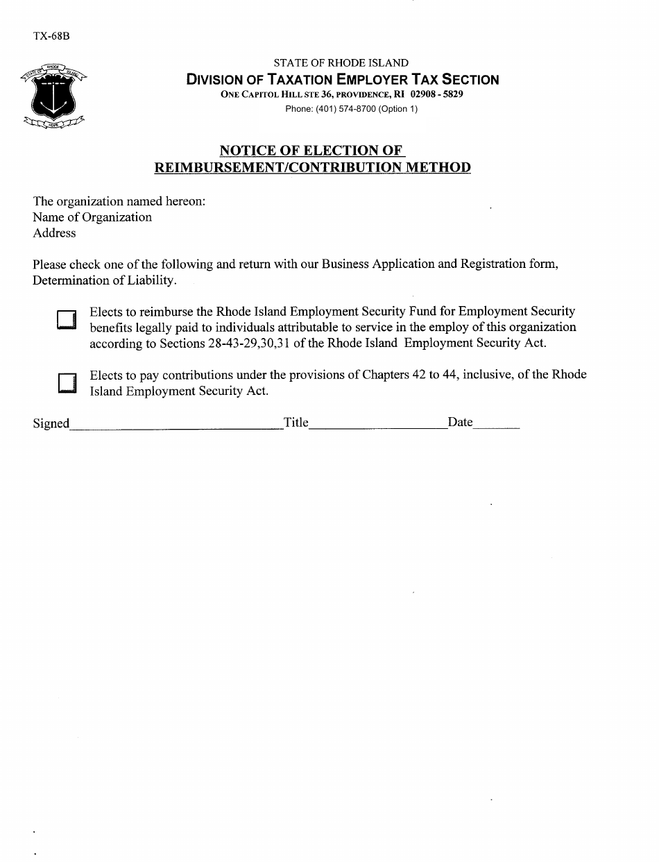 Form TX-68B Notice of Election of Reimbursement / Contribution Method - Rhode Island, Page 1