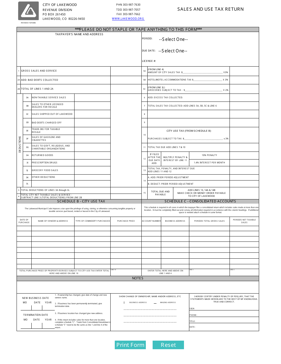 Sales and Use Tax Return Form - City of Lakewood, Colorado, Page 1