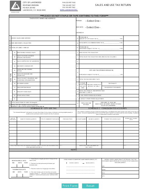 Sales and Use Tax Return Form - City of Lakewood, Colorado