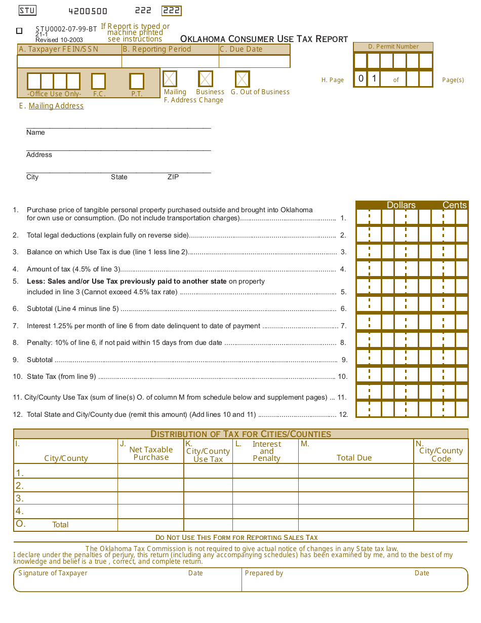 OTC Form STU0002-07-99-BT Oklahoma Consumer Use Tax Report - Oklahoma, Page 1