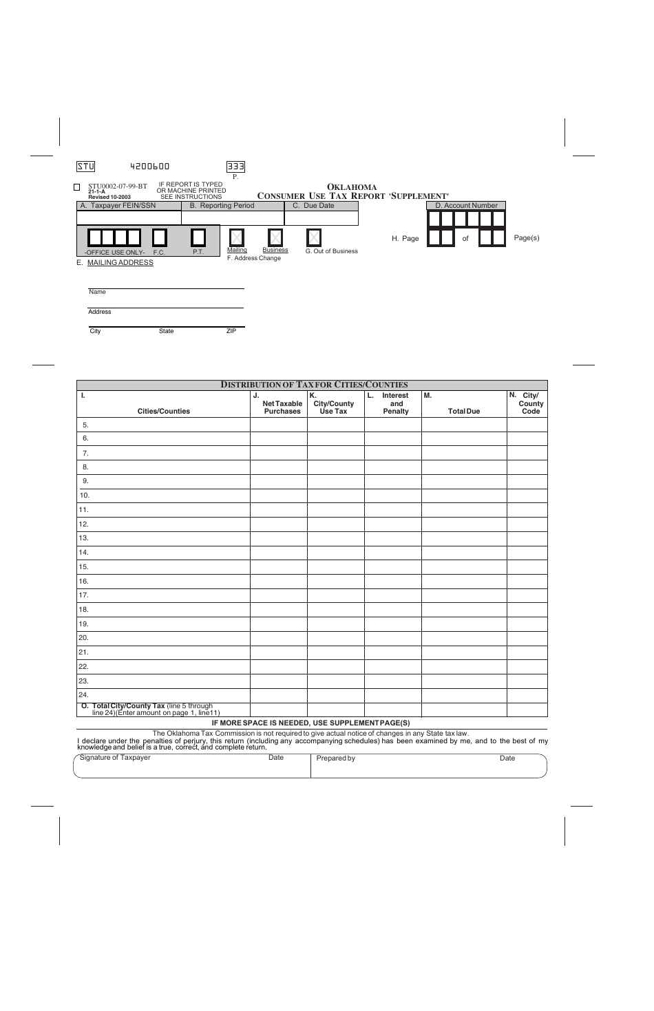 OTC Form STU0002-07-99-BT Oklahoma Consumer Use Tax Report - Oklahoma, Page 2