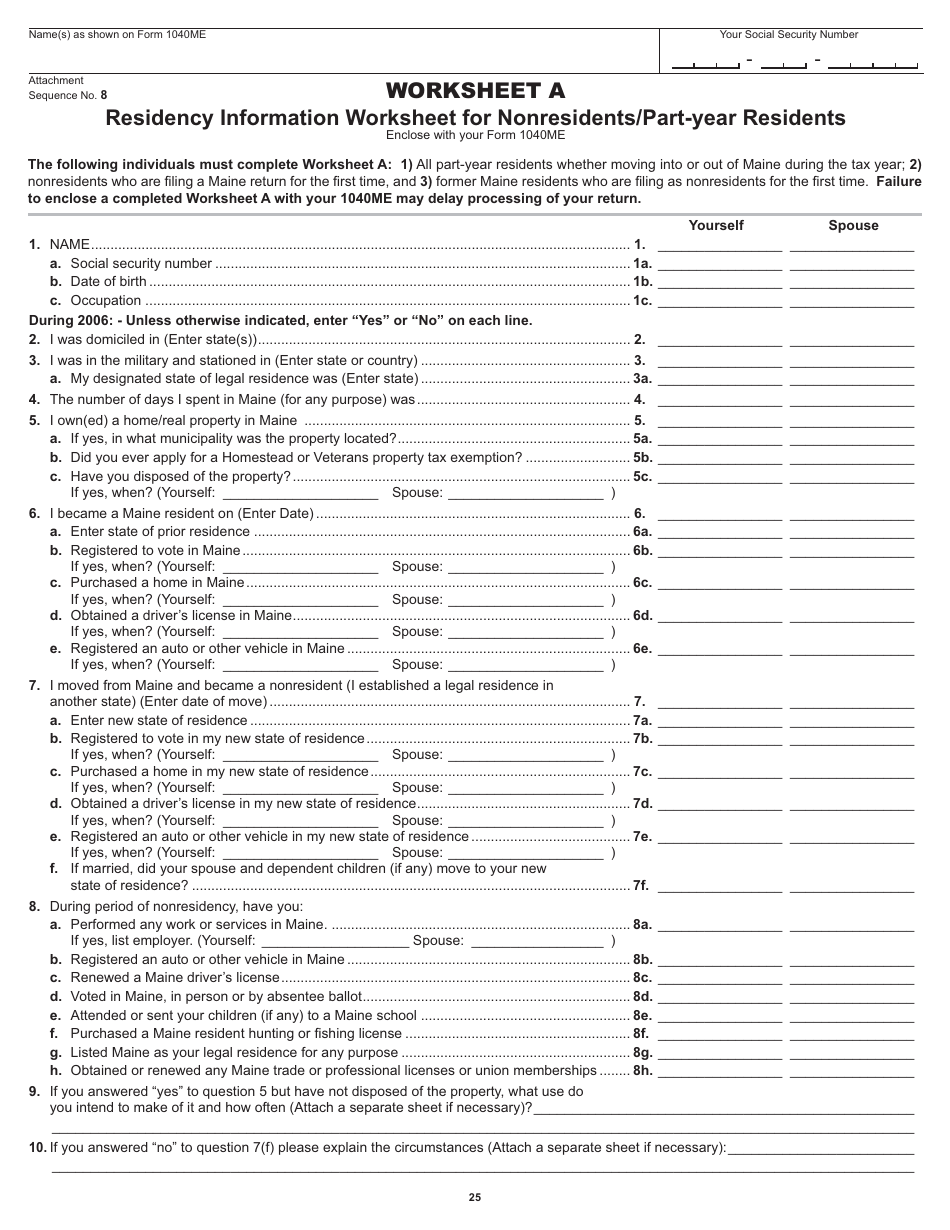 Worksheet a - Residency Information Worksheet for Nonresidents / Part-Year Residents - Maine, Page 1