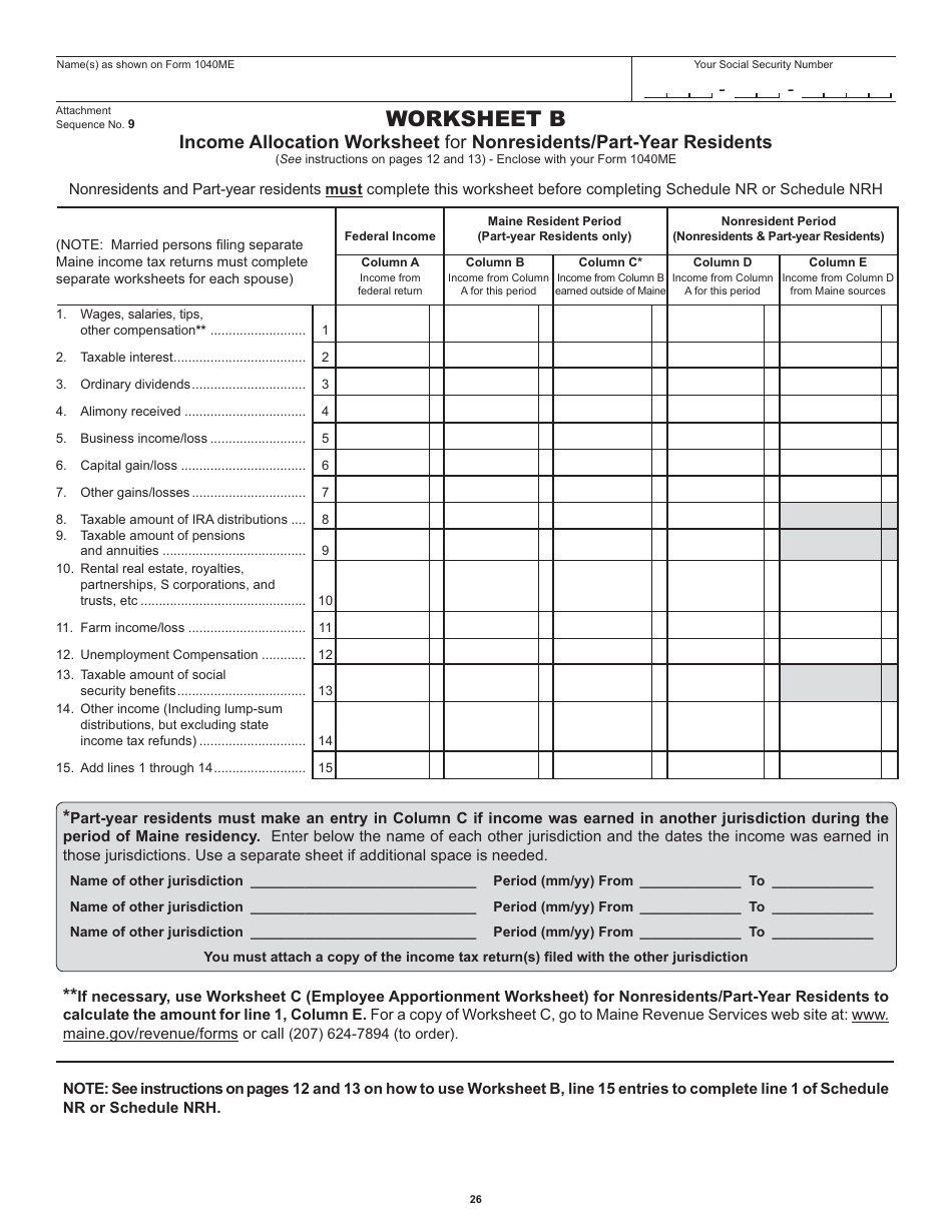 Maine Worksheet a - Residency Information Worksheet for Nonresidents ...