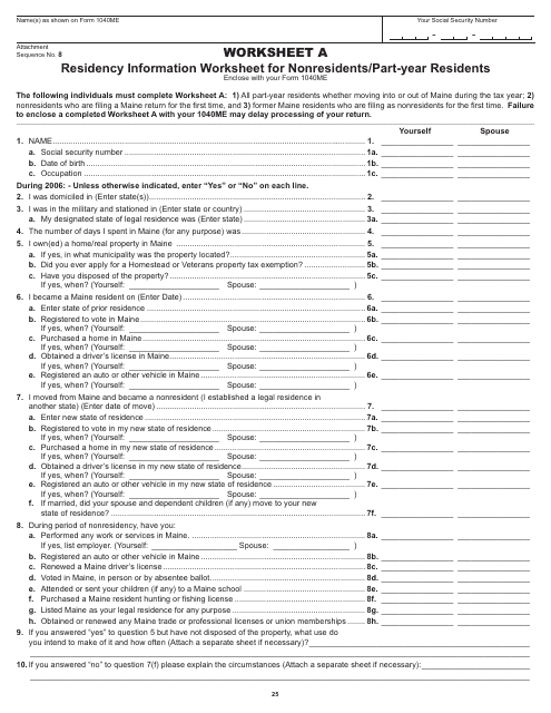 Worksheet a - Residency Information Worksheet for Nonresidents/Part-Year Residents - Maine