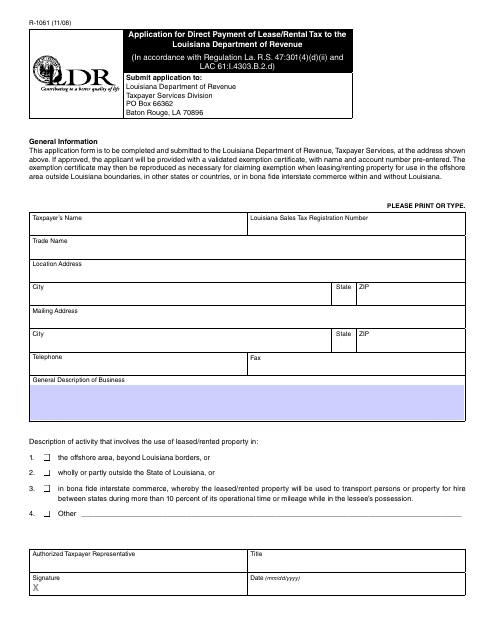 Form R-1061 Application for Direct Payment of Lease/Rental Tax to the Louisiana Department of Revenue - Louisiana