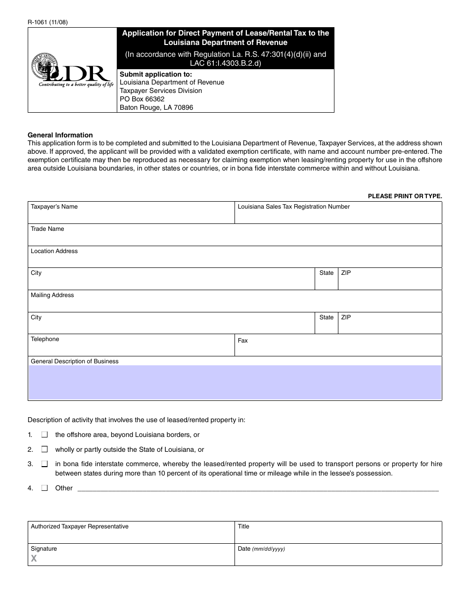 Form R-1061 Application for Direct Payment of Lease / Rental Tax to the Louisiana Department of Revenue - Louisiana, Page 1