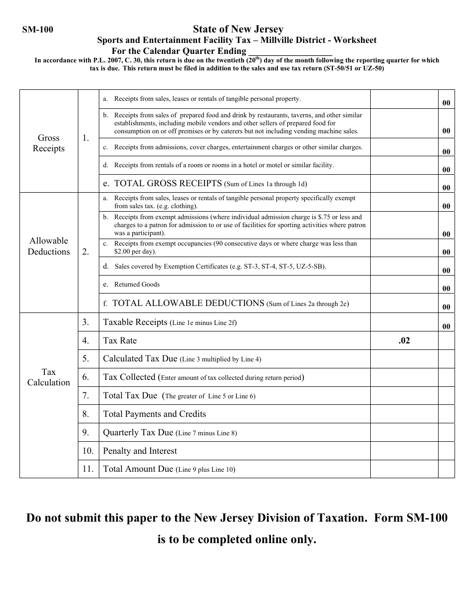 Form SM100 Fill Out, Sign Online and Download Fillable PDF, New