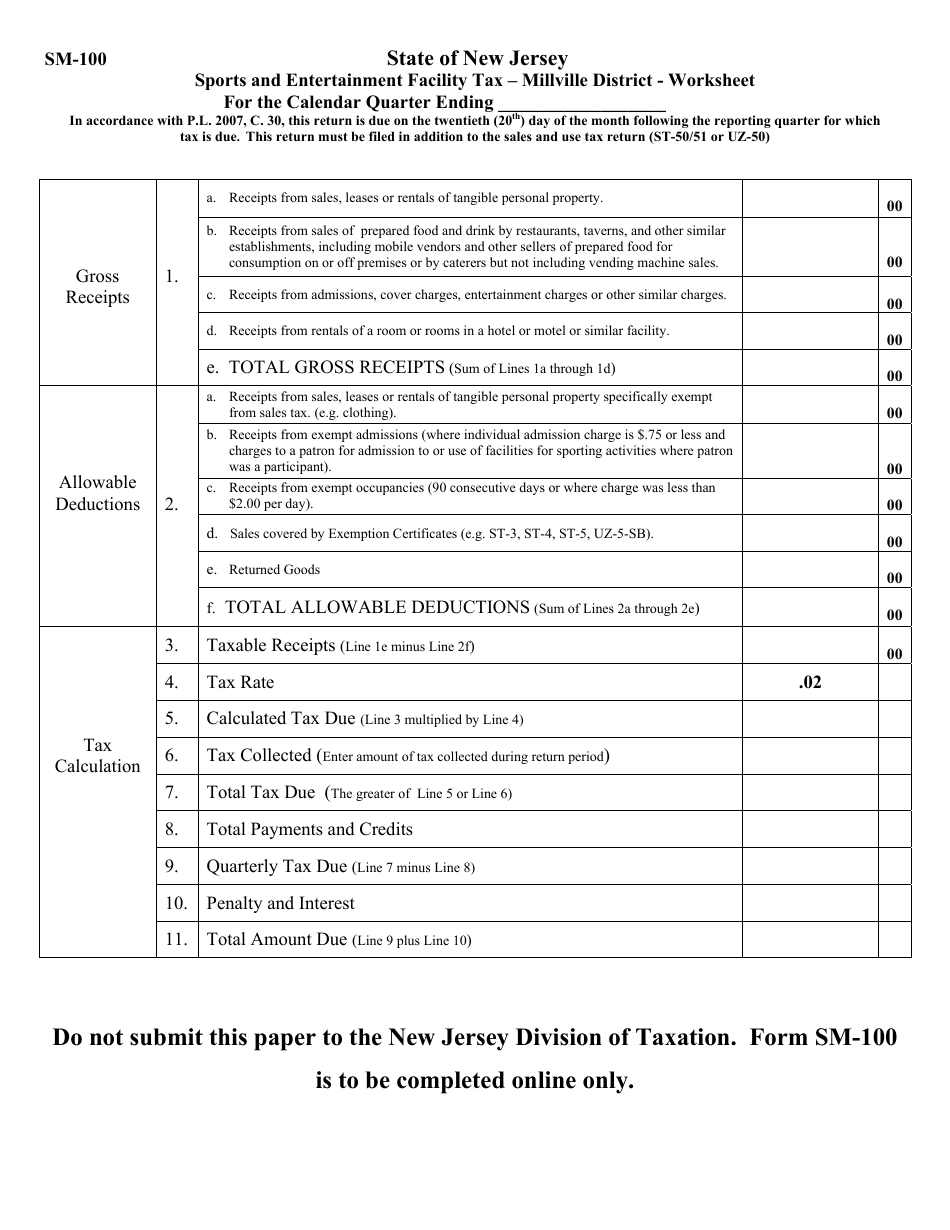 Form SM-100 Sports and Entertainment Facility Tax  Millville District - Worksheet - New Jersey, Page 1