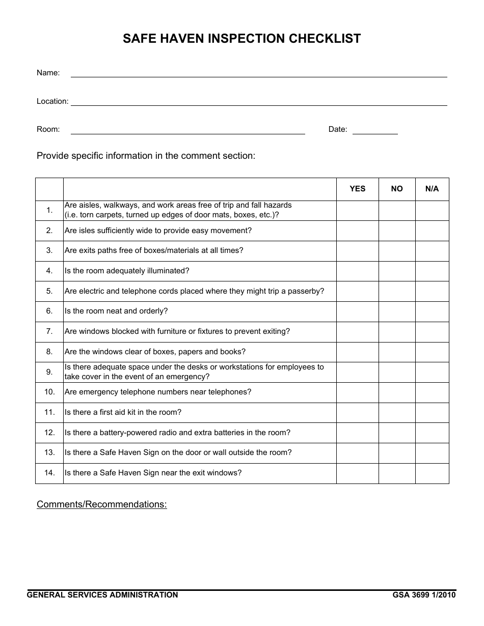 GSA Form 3699 Safe Haven Inspection Checklist, Page 1