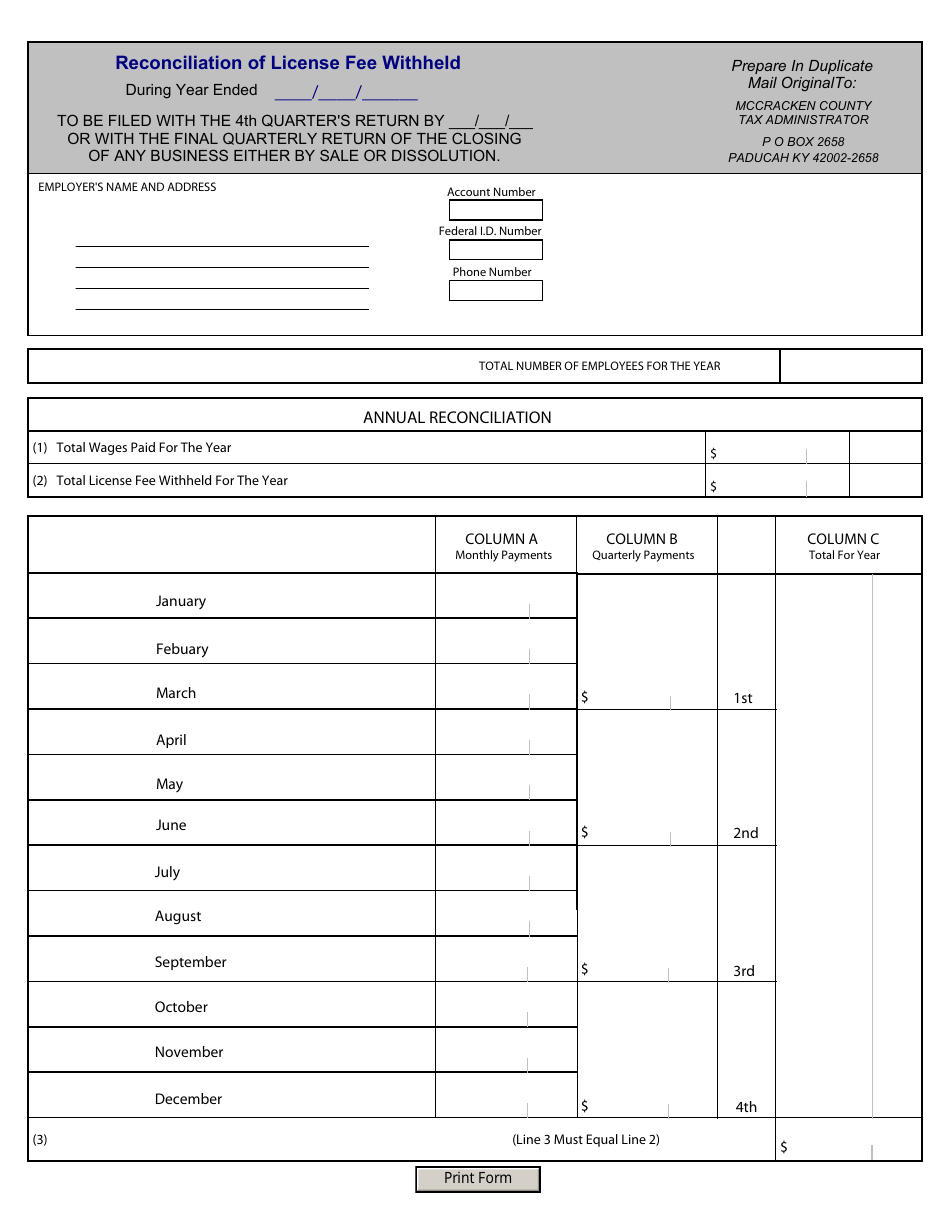 MCCRACKEN COUNTY, Kentucky Reconciliation of License Fee Withheld Form