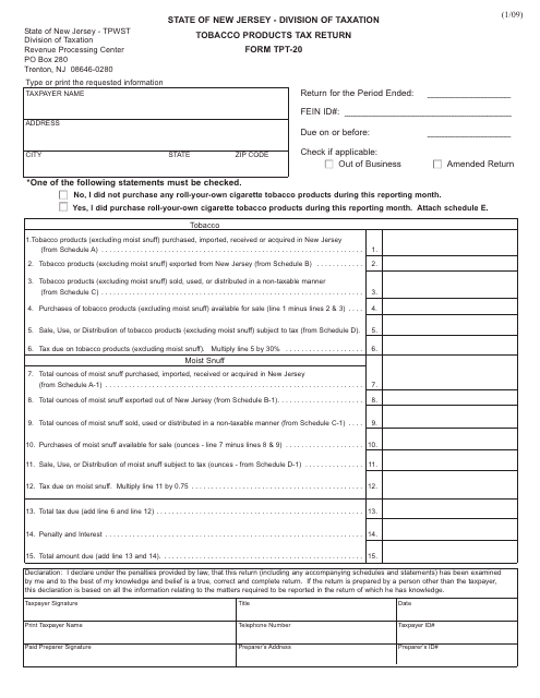 Form TPT-20 Tobacco Products Tax Return - New Jersey