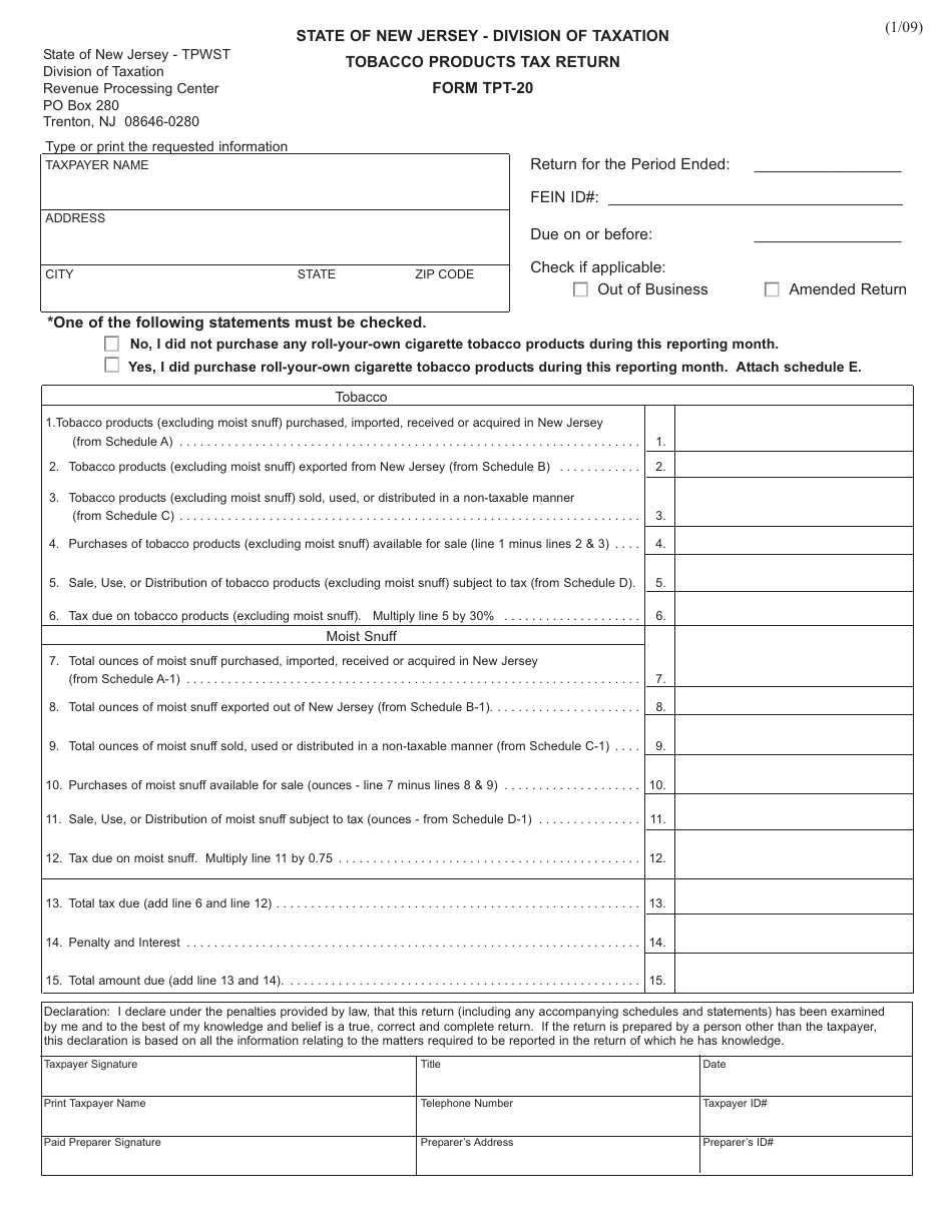 Form TPT-20 Tobacco Products Tax Return - New Jersey, Page 1