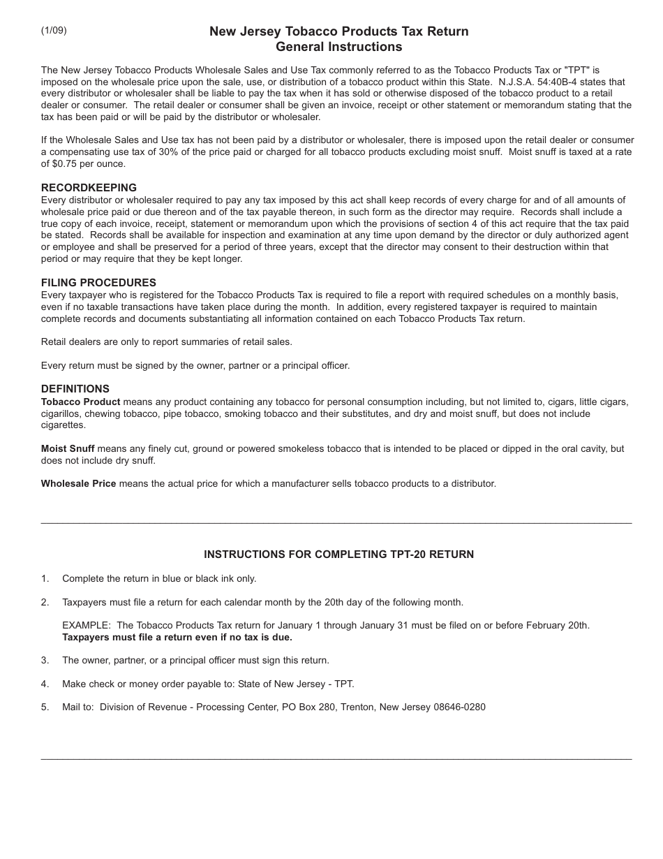 Form TPT-20 Tobacco Products Tax Return - New Jersey, Page 2