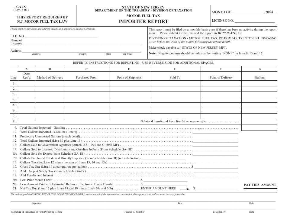 Form GA-IX Motor Fuel Tax Importer Report - New Jersey, Page 1