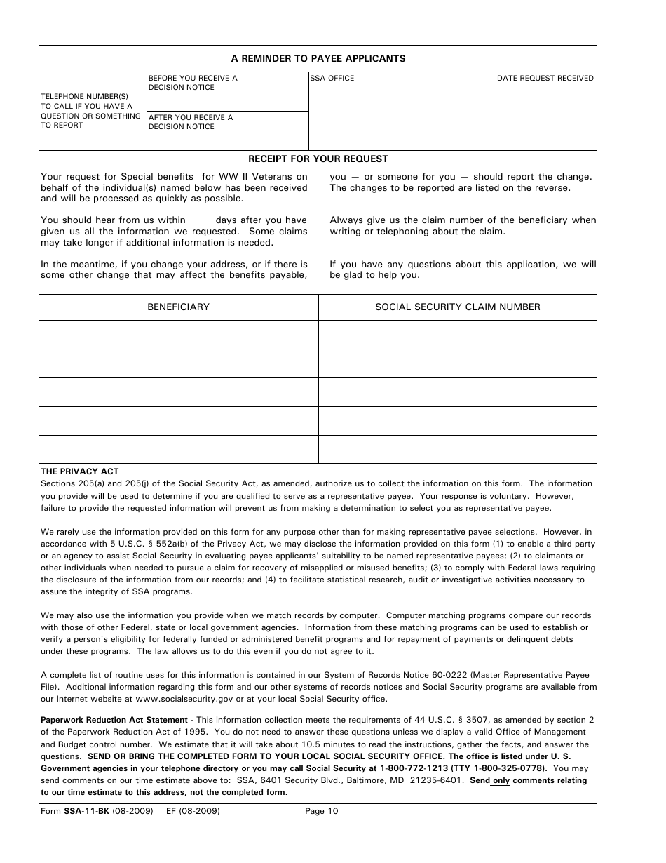 Form SSA11BK Fill Out, Sign Online and Download Printable PDF