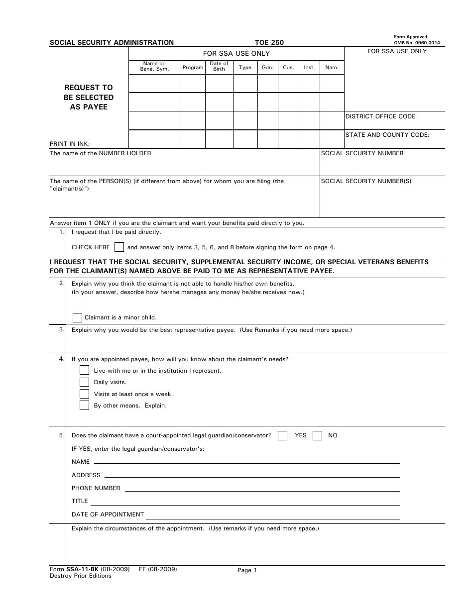 Form SSA-11-BK Request to Be Selected as Payee, Page 1