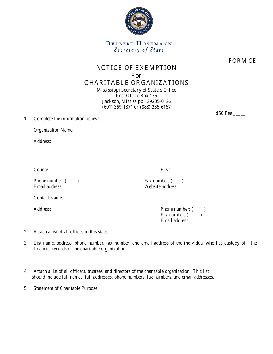 Form CE Notice of Exemption for Charitable Organizations - Mississippi, Page 1
