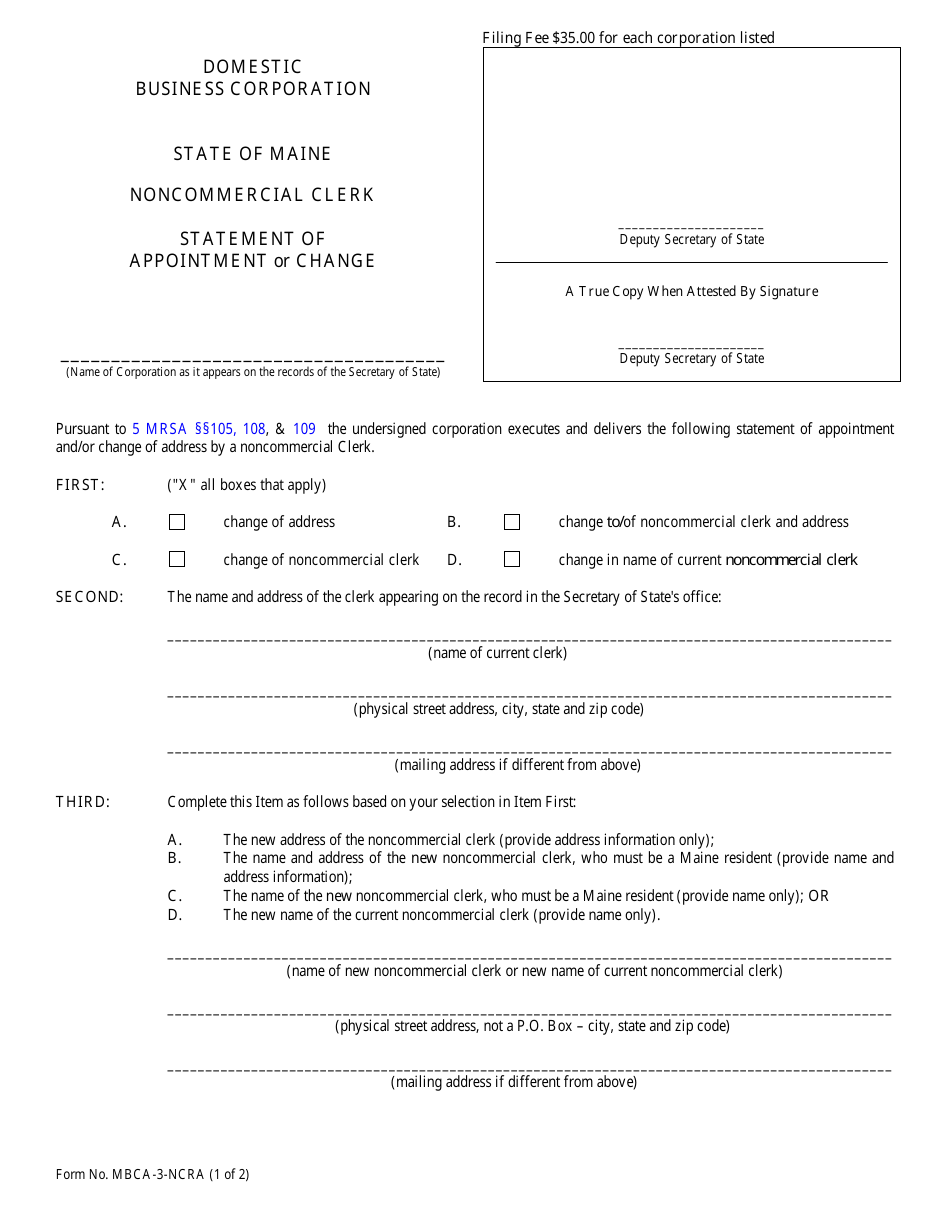 Form MBCA-3-NCRA Statement of Appointment or Change - Maine, Page 1