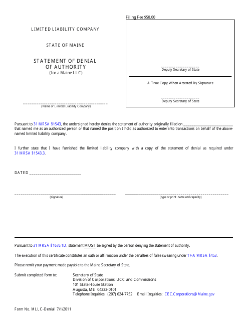 Form MLCC-DENIAL Statement of Denial of Authority (For a Maine LLC) - Maine