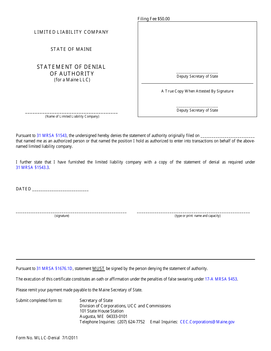 Form MLCC-DENIAL Statement of Denial of Authority (For a Maine LLC) - Maine, Page 1