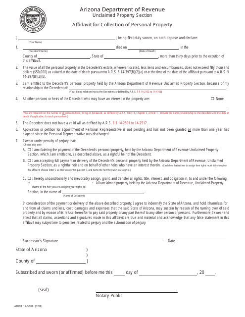 Form ADOR17-5509 Affidavit for Collection of Personal Property - Arizona