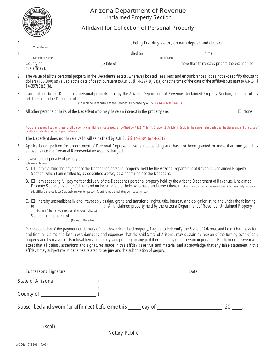 Form ADOR17-5509 Affidavit for Collection of Personal Property - Arizona, Page 1