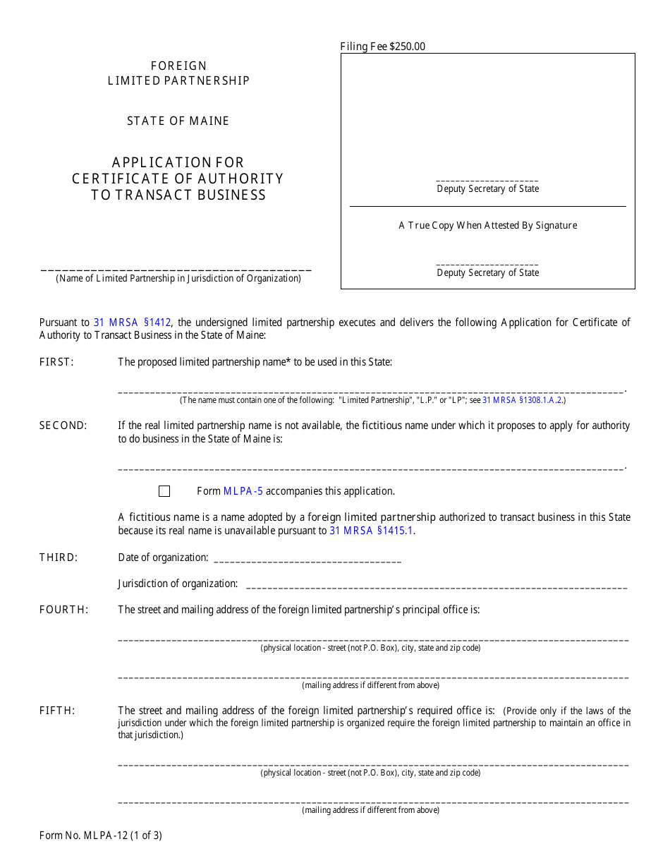 Form MLPA-12 Application for Certificate of Authority to Transact Business - Maine, Page 1