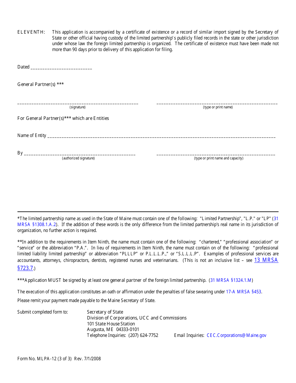 Form MLPA-12 Application for Certificate of Authority to Transact Business - Maine, Page 3