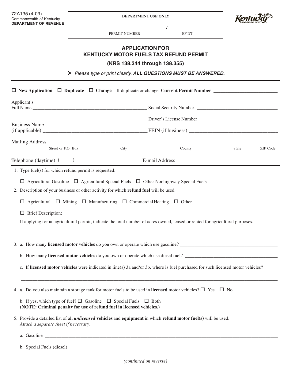 Form 72A135 Application for Kentucky Motor Fuels Tax Refund Permit - Kentucky, Page 1