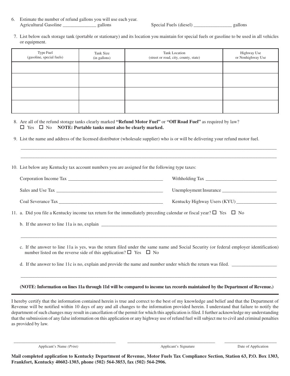 Form 72A135 Application for Kentucky Motor Fuels Tax Refund Permit - Kentucky, Page 2