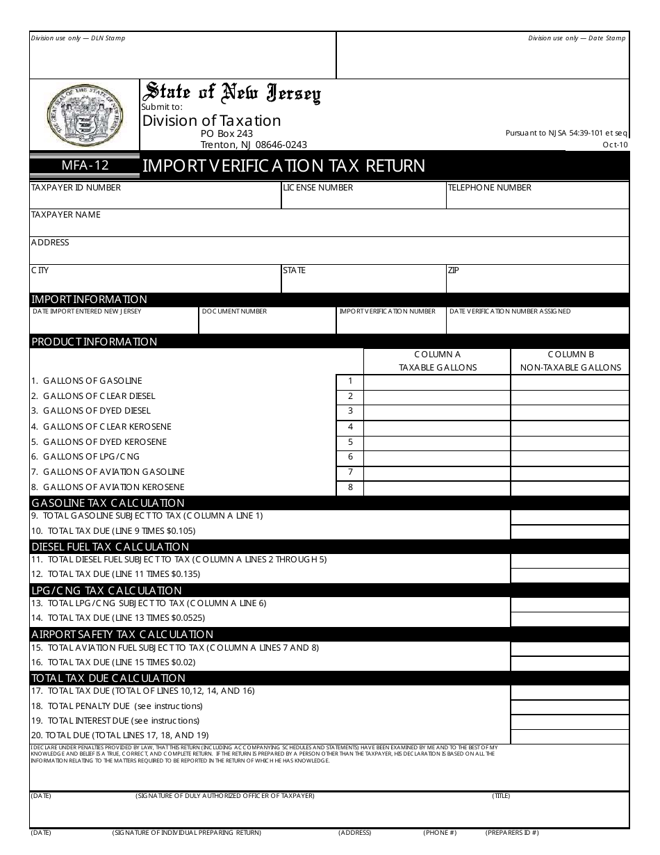 Form MFA-12 Import Verification Tax Return - New Jersey, Page 1
