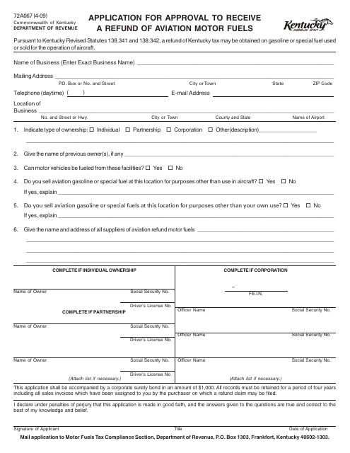 Form 72A067 Application for Approval to Receive a Refund of Aviation Motor Fuels - Kentucky