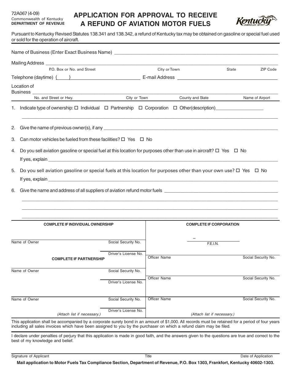 Form 72A067 Application for Approval to Receive a Refund of Aviation Motor Fuels - Kentucky, Page 1