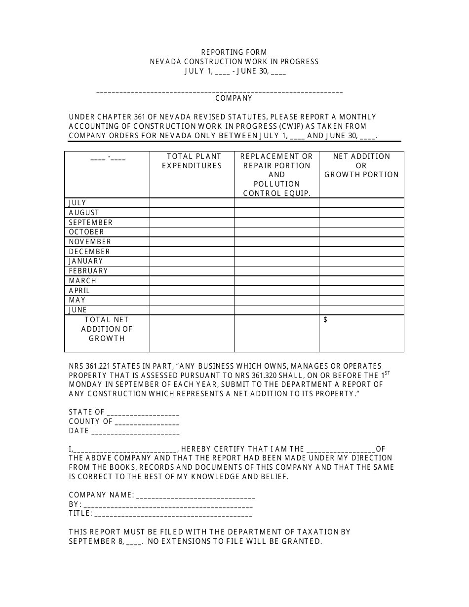 Reporting Form - Nevada Construction Work in Progress - Nevada, Page 1