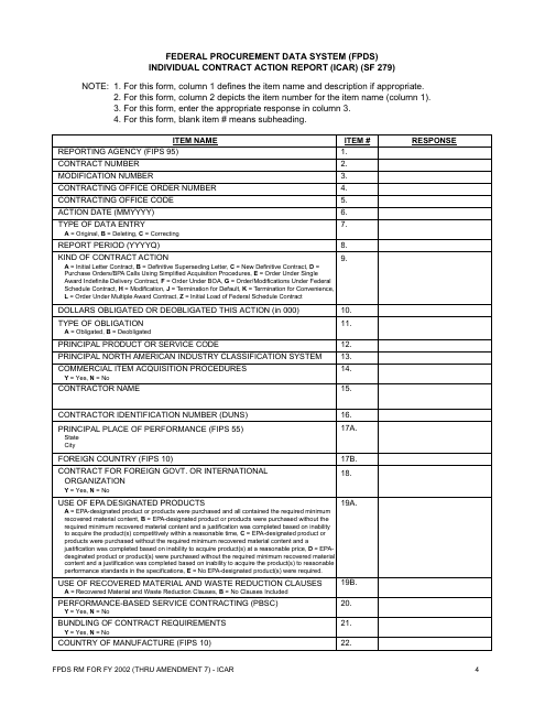 Form SF-279 Federal Procurement Data System (Fpds) Individual Contract Action Report (Icar)