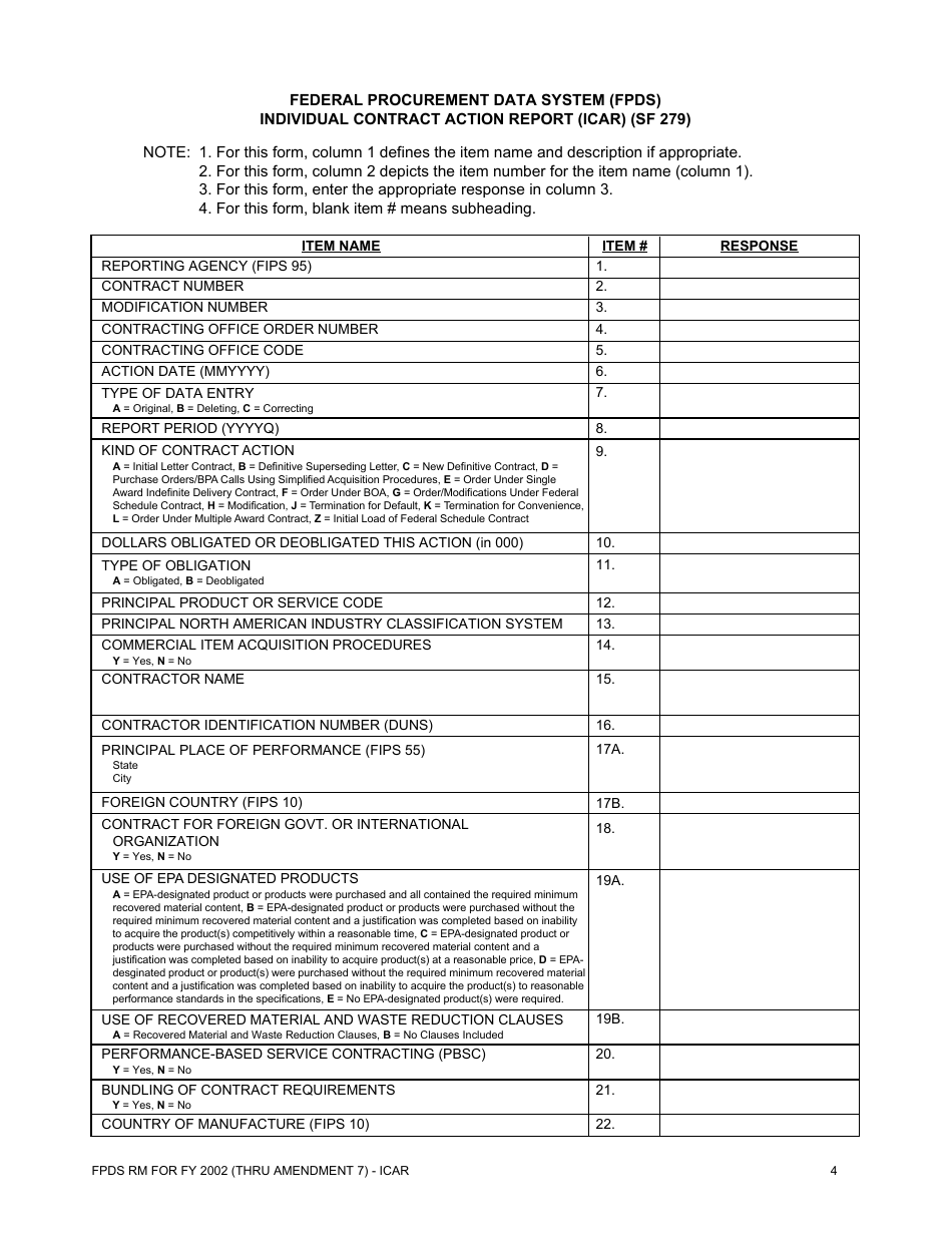 Form SF-279 Federal Procurement Data System (Fpds) Individual Contract Action Report (Icar), Page 1