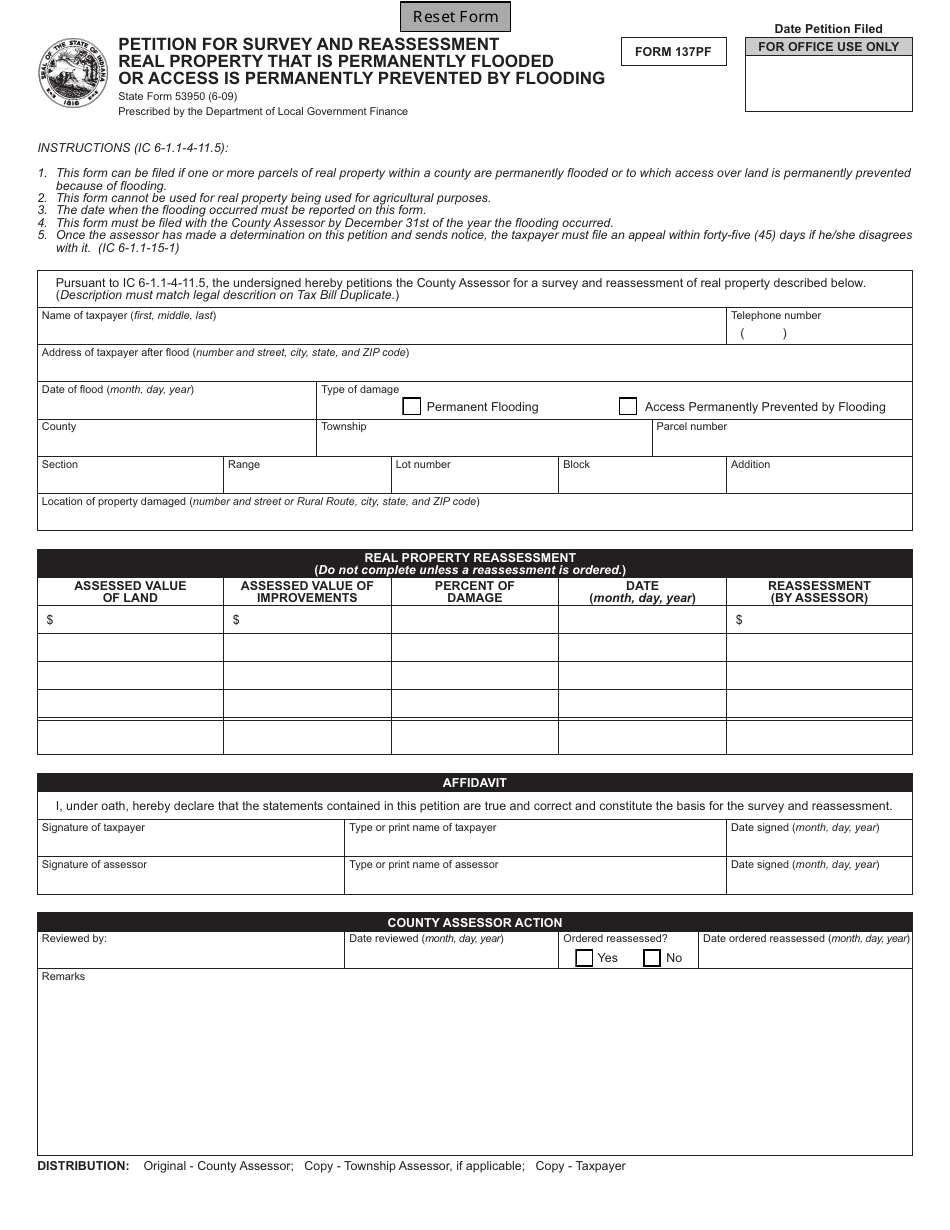 Form 137PF (State Form 53950) Petition for Survey and Reassessment Real Property That Is Permanently Flooded or Access Is Permanently Prevented by Flooding - Indiana, Page 1