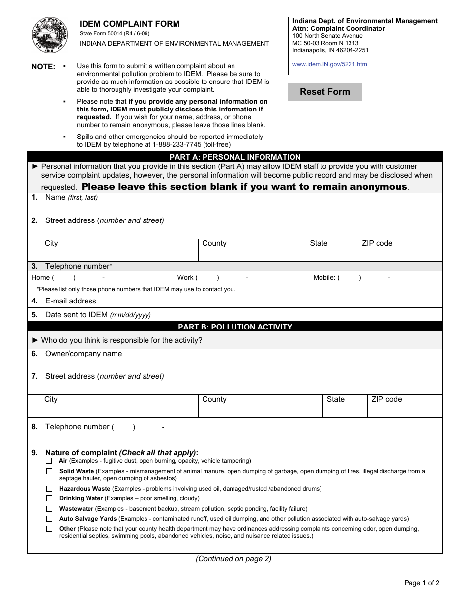 State Form 50014 Idem Compliant Form - Indiana, Page 1