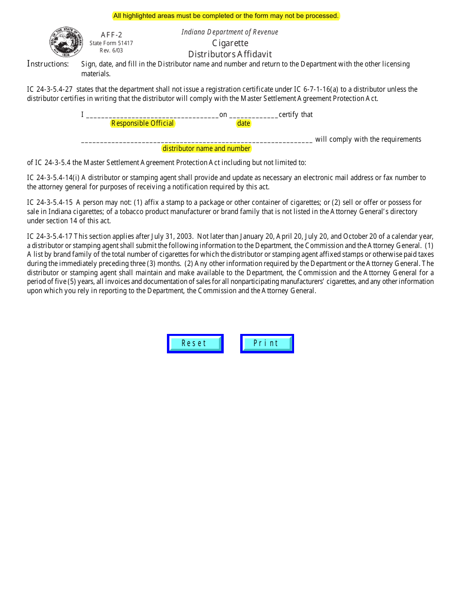 Form AFF-2 (State Form 51417) Cigarette Distributors Affidavit - Indiana, Page 1