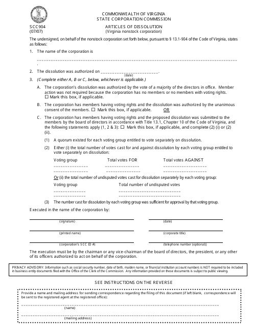 Form SCC904 Articles of Dissolution - Virginia
