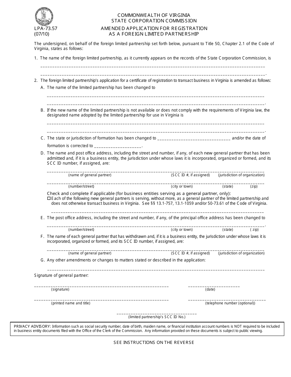 Form LPA-73.57 Amended Application for Registration as a Foreign Limited Partnership - Virginia, Page 1